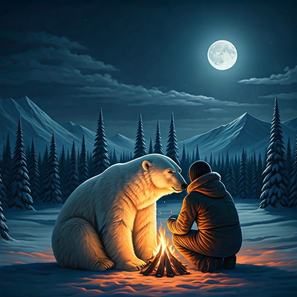 Golden Campfire Moment with Polar Bear in Serene Winter Land...