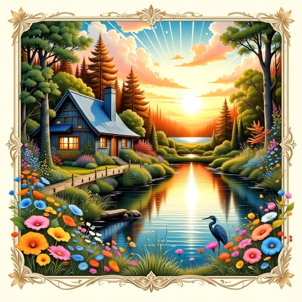 Whimsical Cottage Scene in Art Nouveau Style