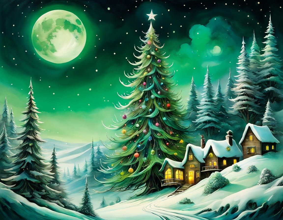 Whimsical Christmas Tree Illuminated by Moonlight