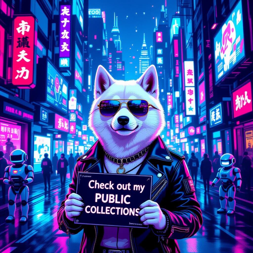 Albino Shiba Inu in Cyberpunk Cityscape