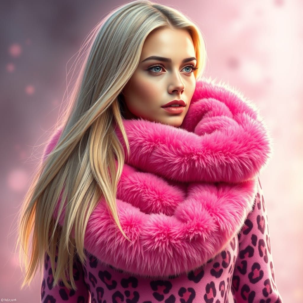 Glamorous Blonde Woman in Pink Fleece Leopard Print Dress