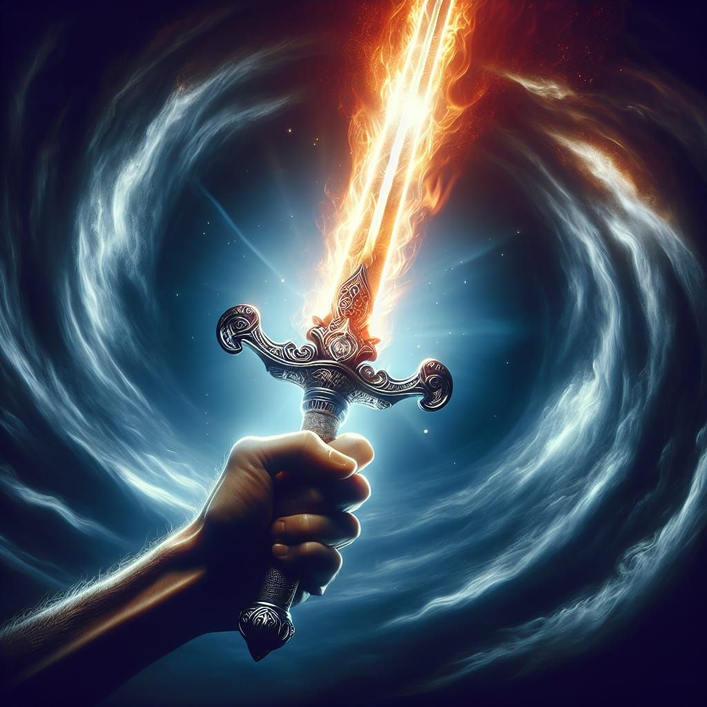 In a hand, a sword blazes with radiant intensity, its blade cutting through the darkness with the fiery brilliance of tr...