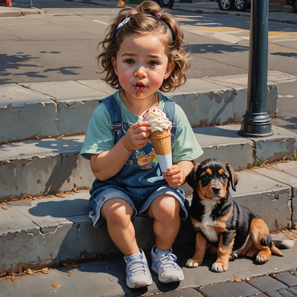 Girl and Puppy Share Ice Cream: Hyperrealistic Oil Painting