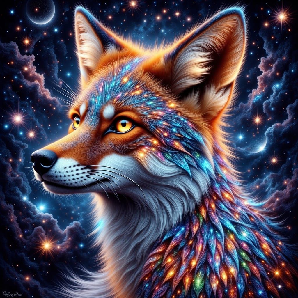 Mystical Coyote with Cosmic Eyes in Stained Glass Watercolor...