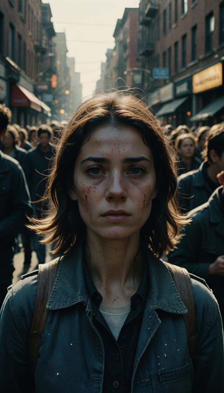 Woman on Crowded Street with Damaged Film Aesthetic