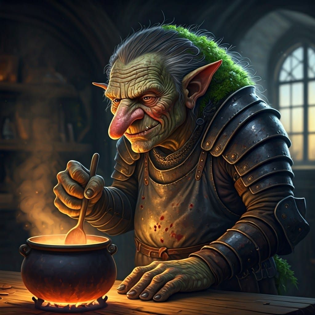 Green Troll Chef Stirring Cauldron, Fantasy Art