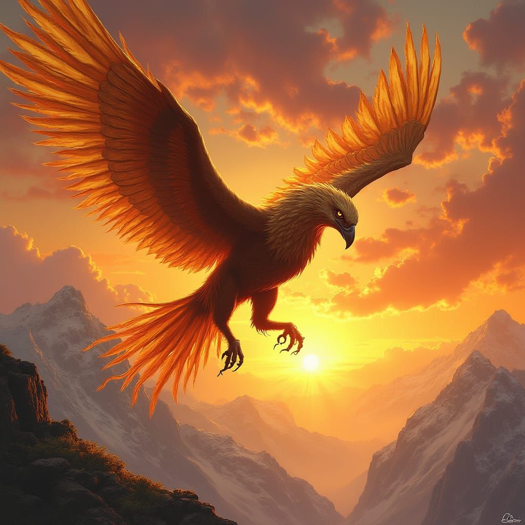Griffin Soaring Through Sunset Sky in Art Nouveau Style