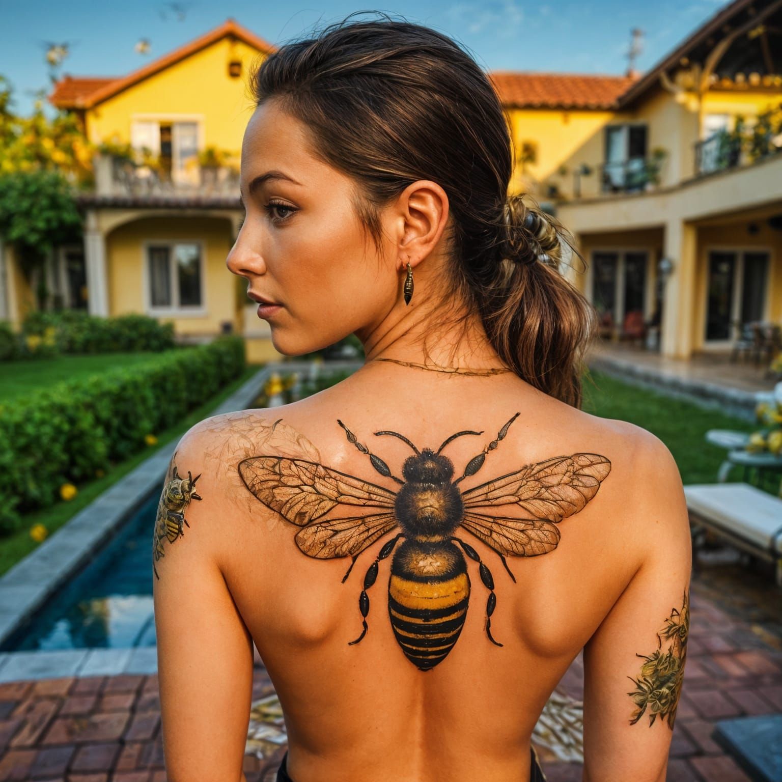 Stunning Woman with Bee Tattoo in Exquisite Villa Setting