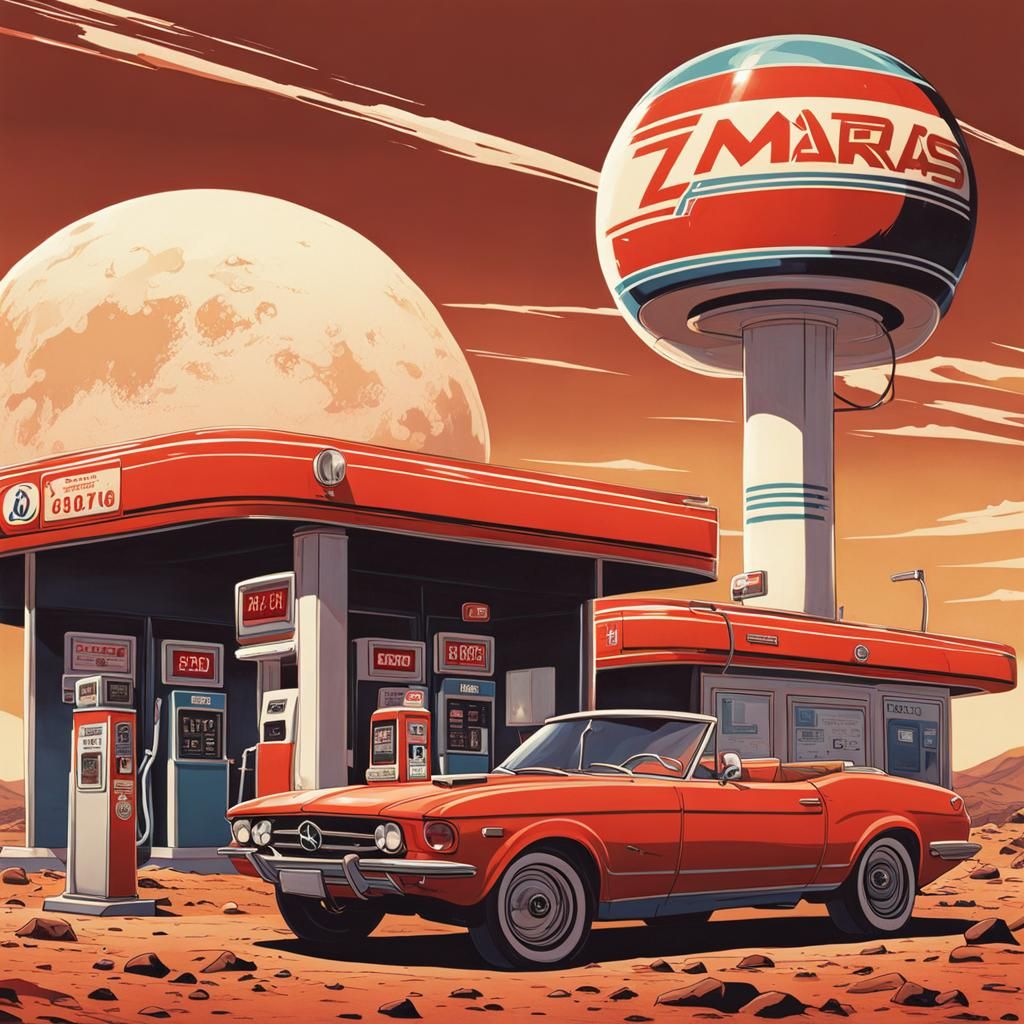 Retro Gas Station on Mars in Anime Style
