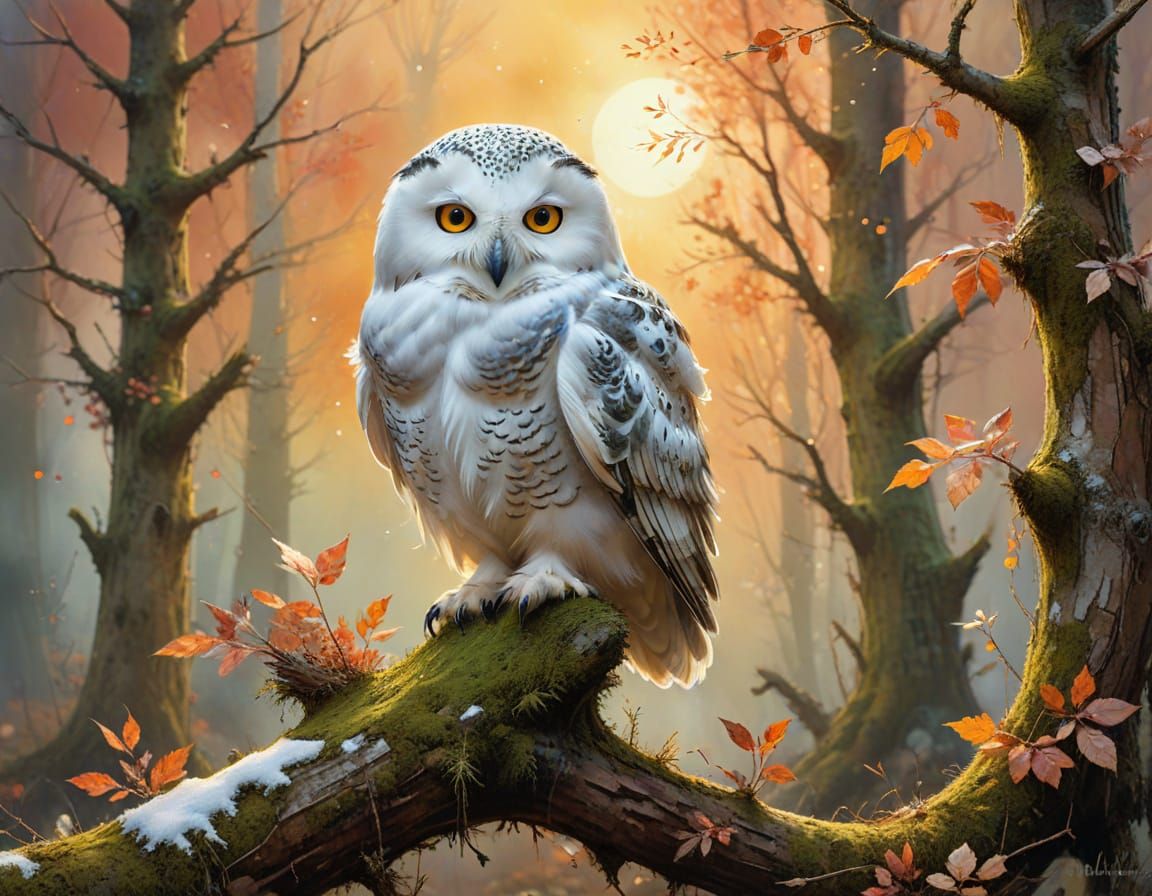 Snow Owl in Autumn Sunset: Watercolour Fairy Tale