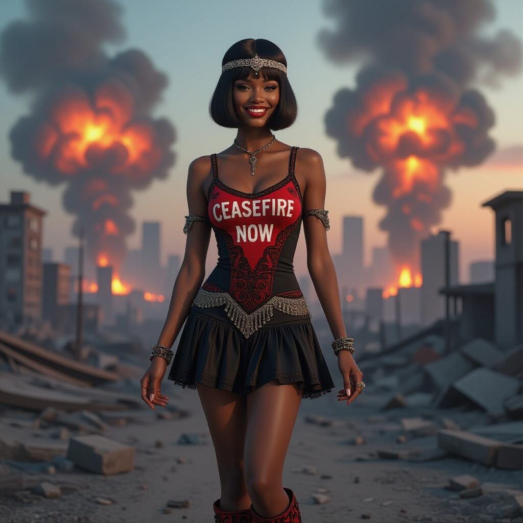 Woman in Gothic Outfit Amidst Dystopian Cityscape