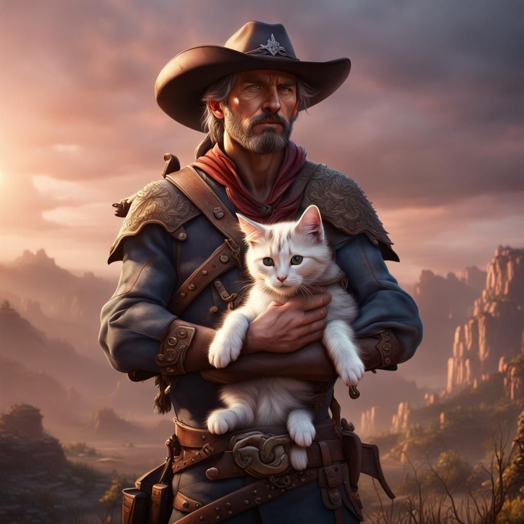 Cowboy Warrior and Kitten: Detailed Matte Painting