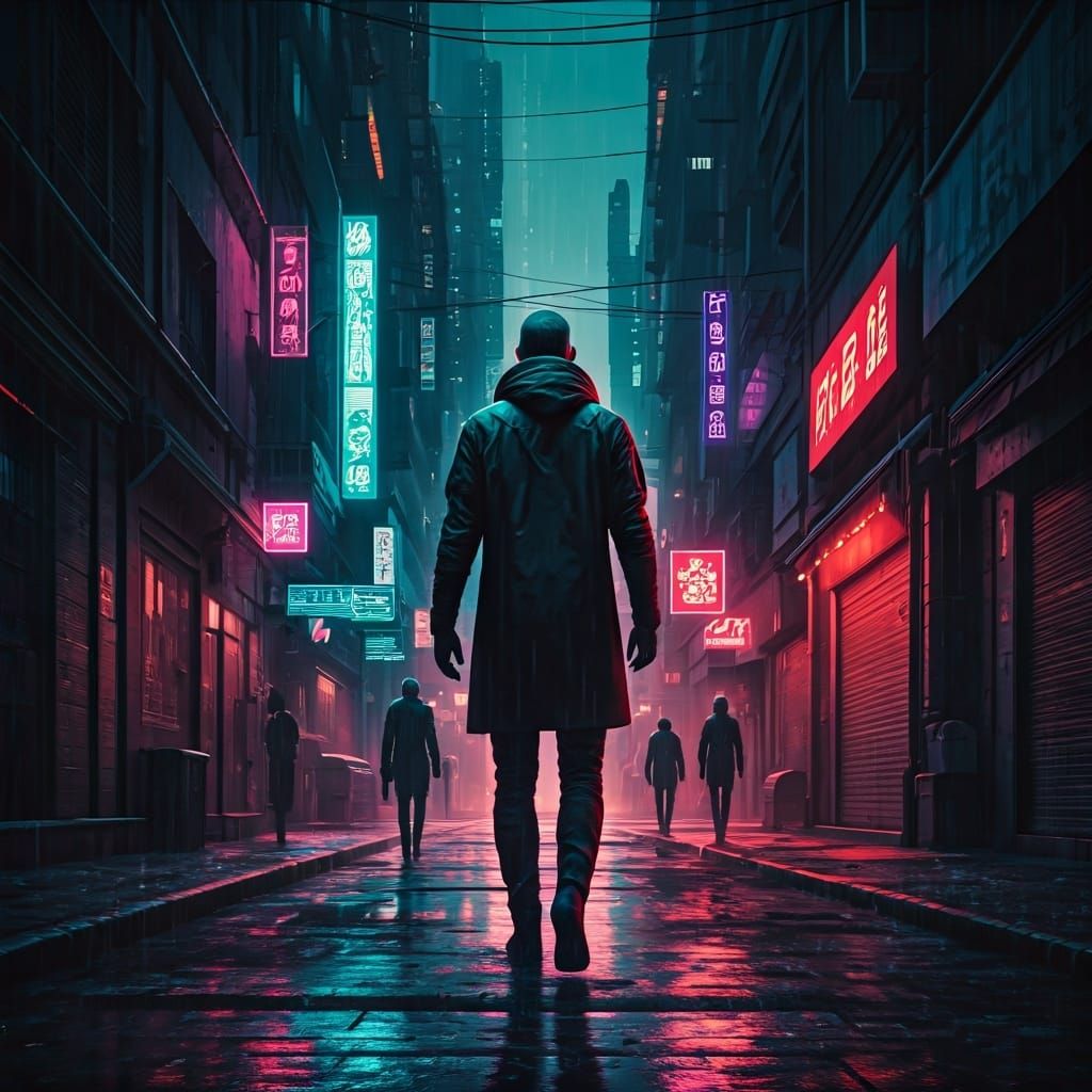 Cybernetic Men in Cyberpunk City Alley