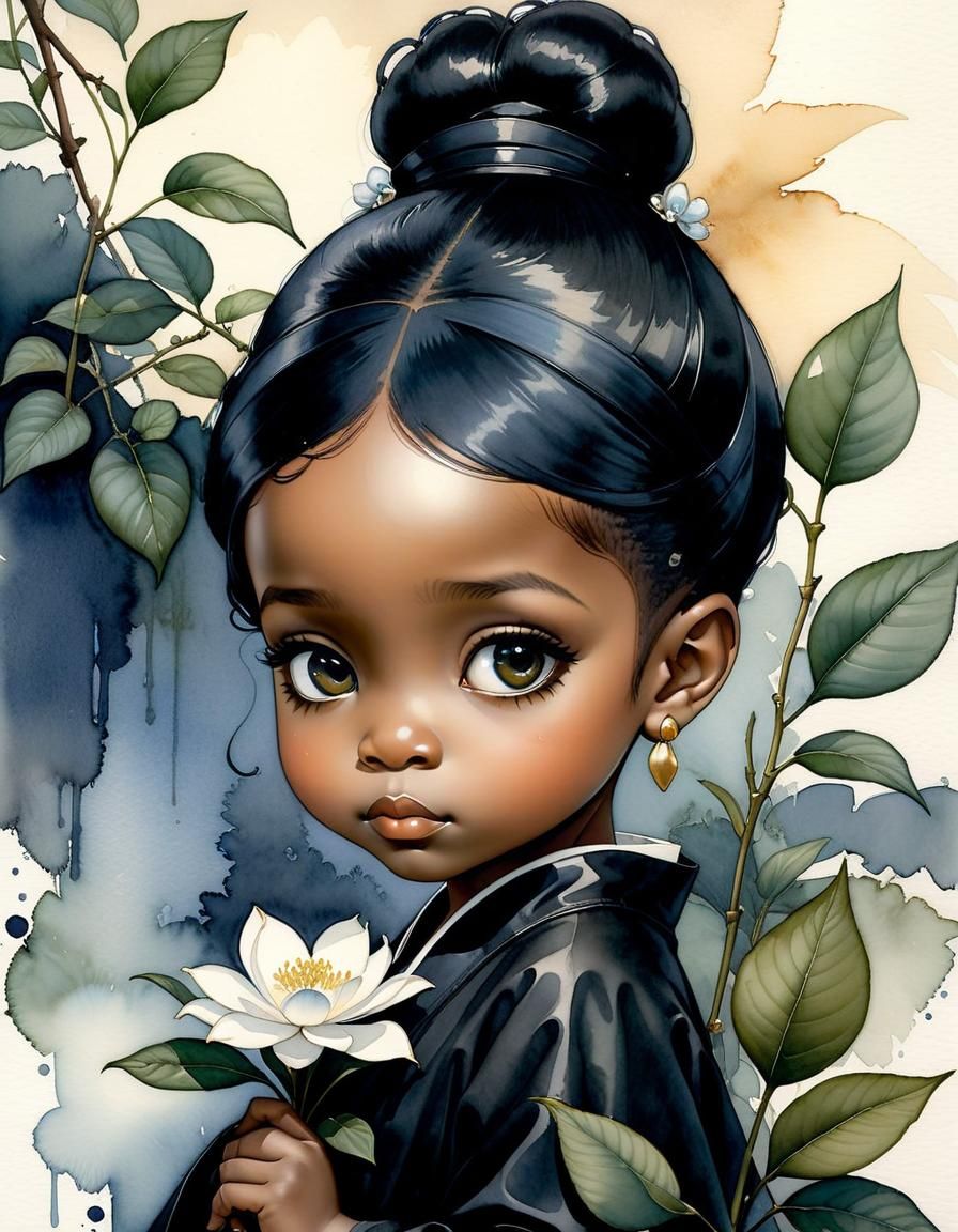 Toddler in Keane Style Watercolor Digital Art