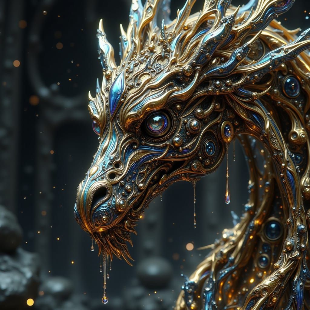 Clockwork Gryphon in Ruined City, Art Nouveau Style