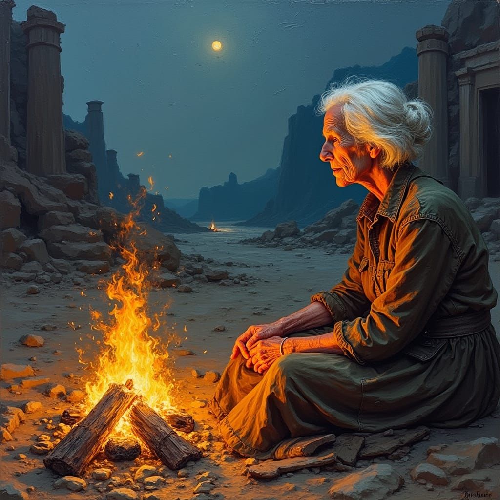 Traveler Reflects in Post-Apocalyptic Landscape