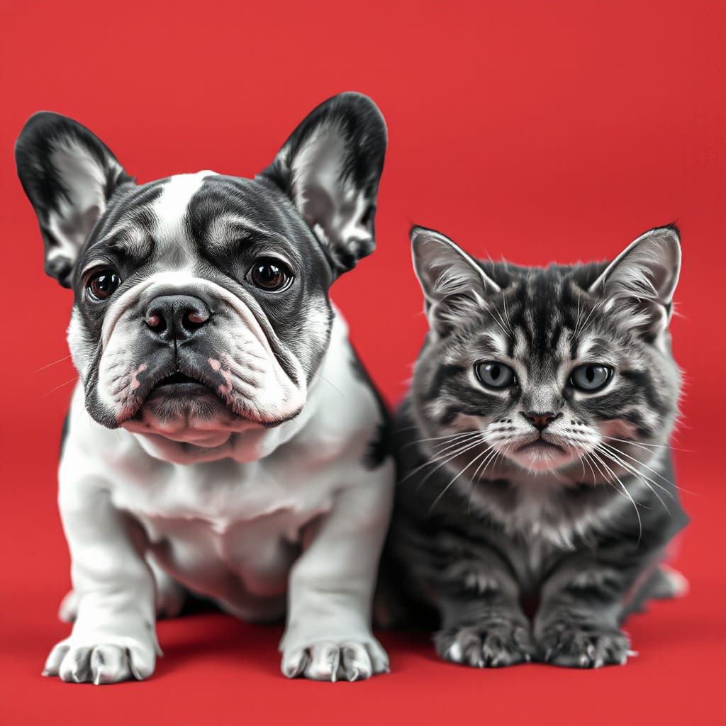 Whimsical Canine Feline Duo on Red Background