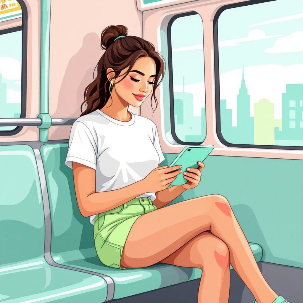 Cartoon Young Woman on Public Transport