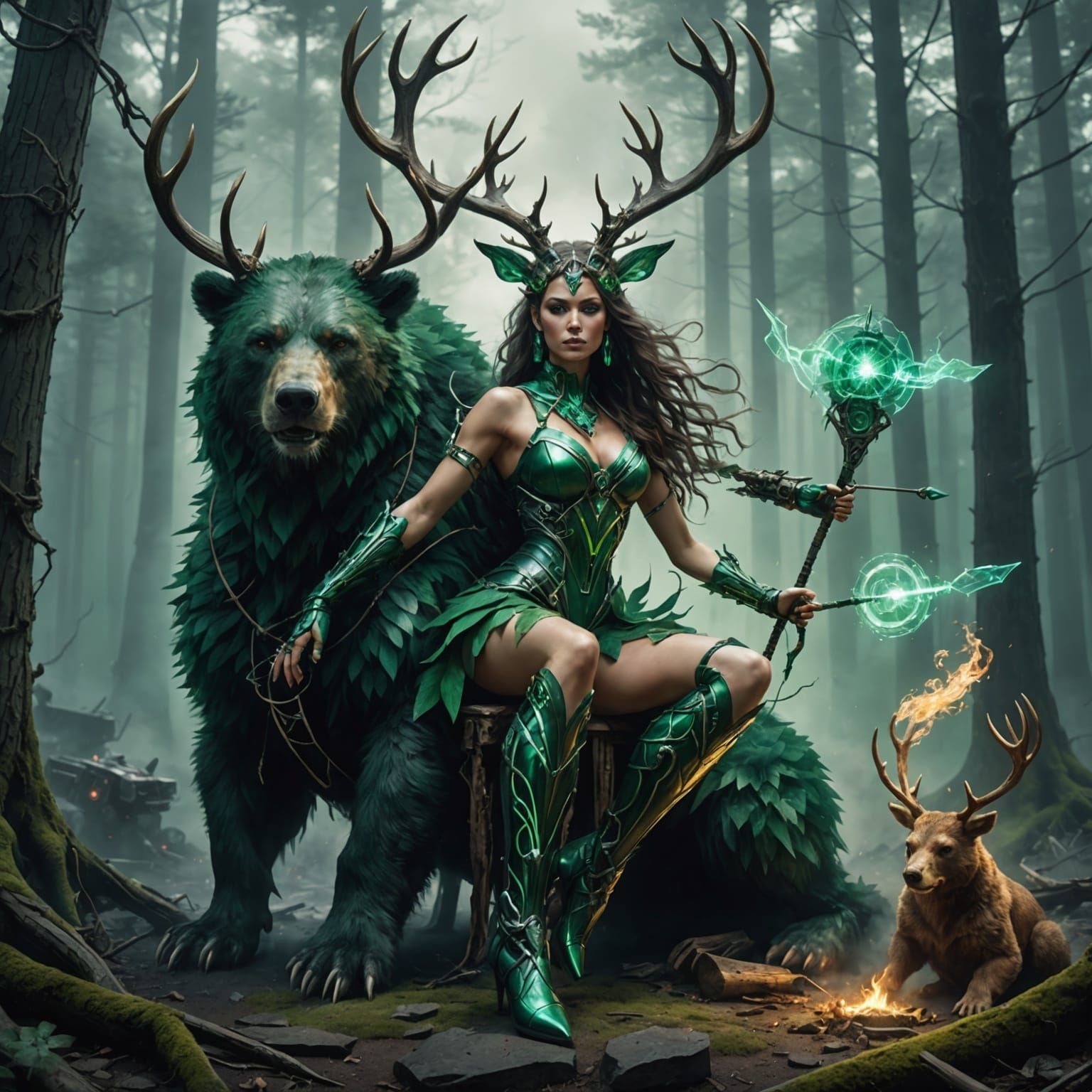 Cyborg Goddess in Cyberpunk Vortex of Antlers