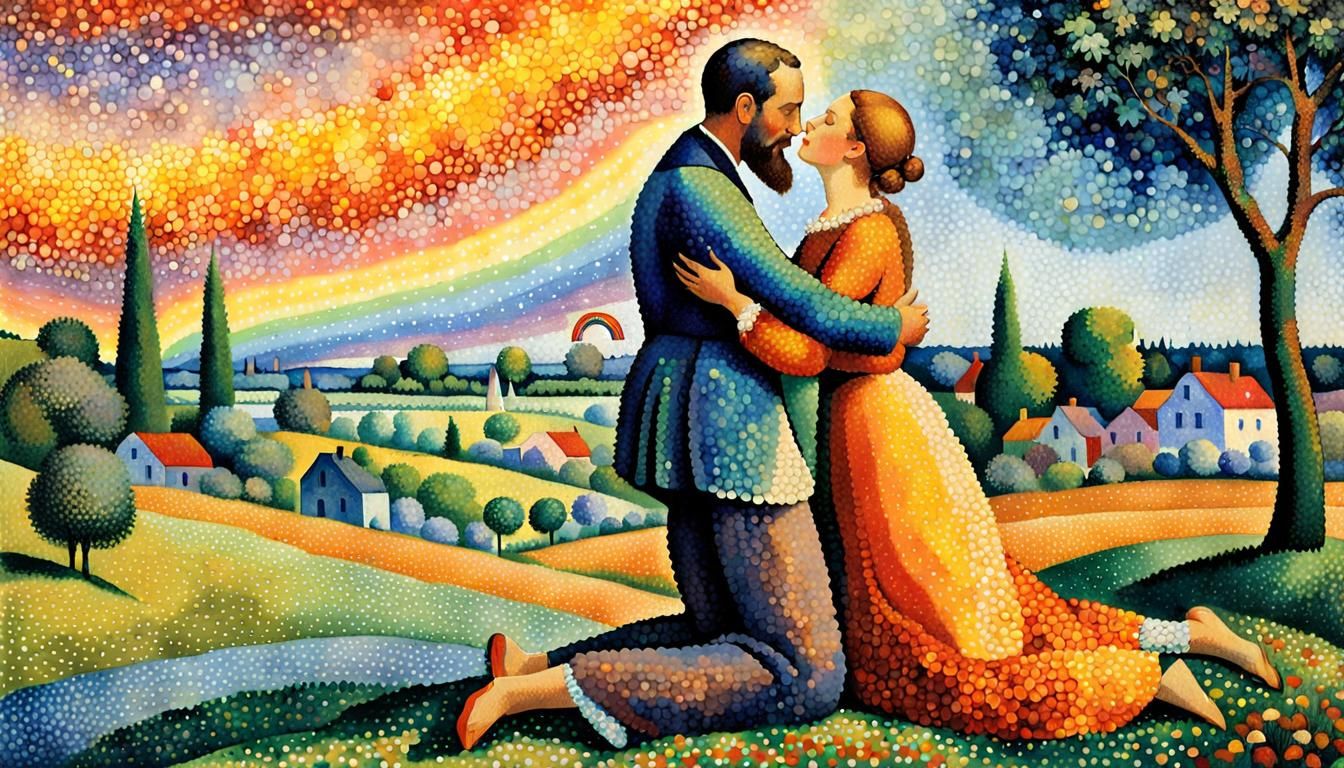 Rainbow Deity's Kiss: A Pointillist Vision of Love