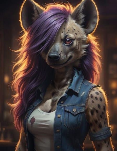 Flirtatious Feline Hyena in Smoky Dive Bar, in Impasto Style