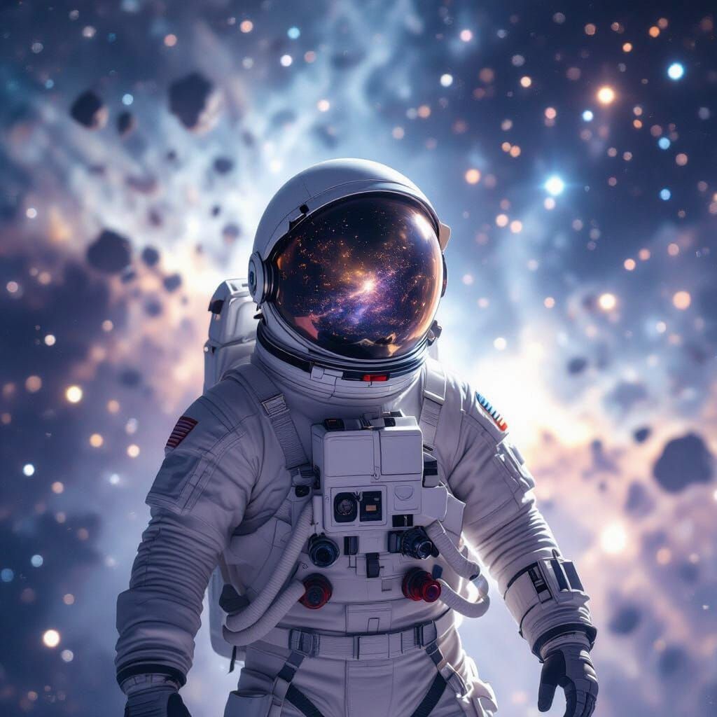 Astronaut Adrift in Cosmic Nebula Reflecting Galaxies