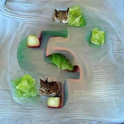 Cat in Lettuce Patch with Apple and Number