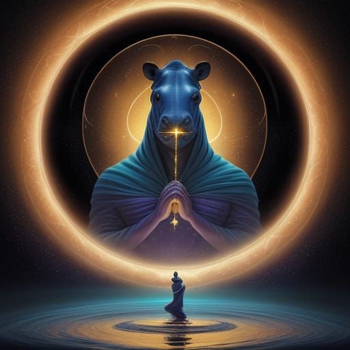 Cosmic Hippopotamus Monk Meditating in Surreal Dreamscape