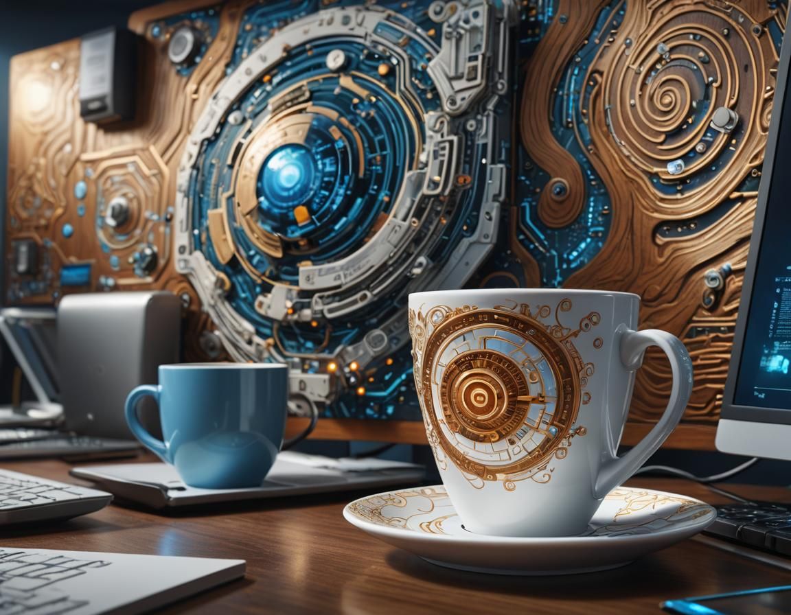 Hyperrealistic Coffee Cup and Computer Concept Art