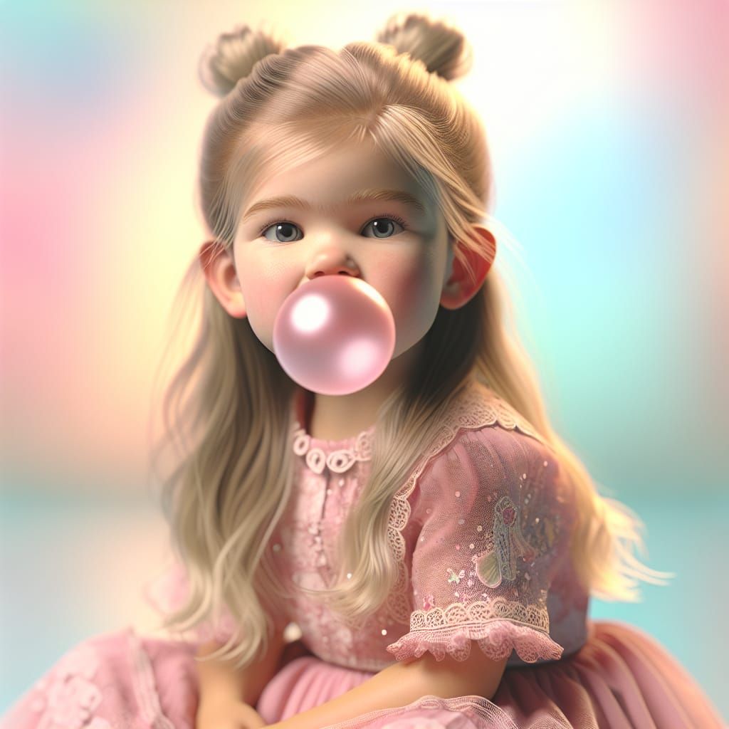 Ultra-Realistic 3D Portrait of a Blonde Girl Blowing a Bubbl...