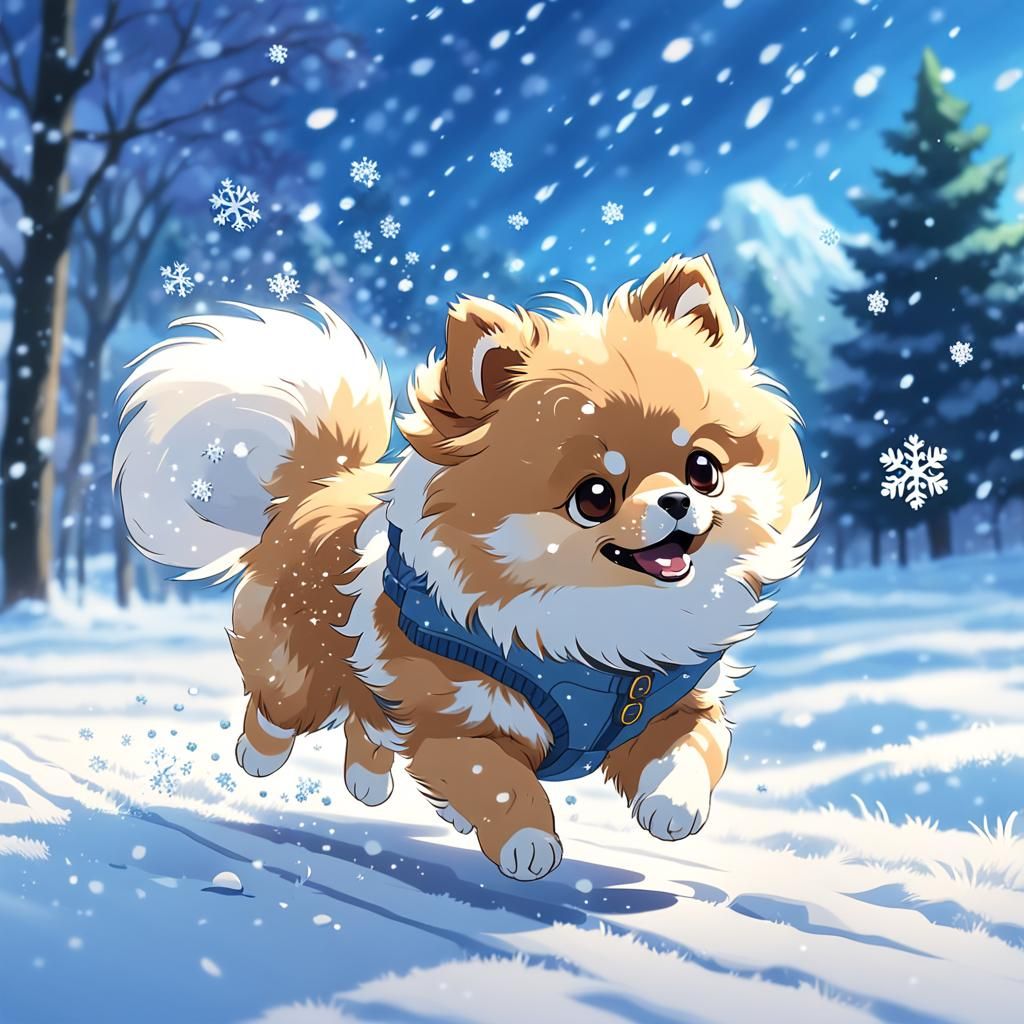 Pomeranian Puppy Chasing Snowflakes in Anime Style