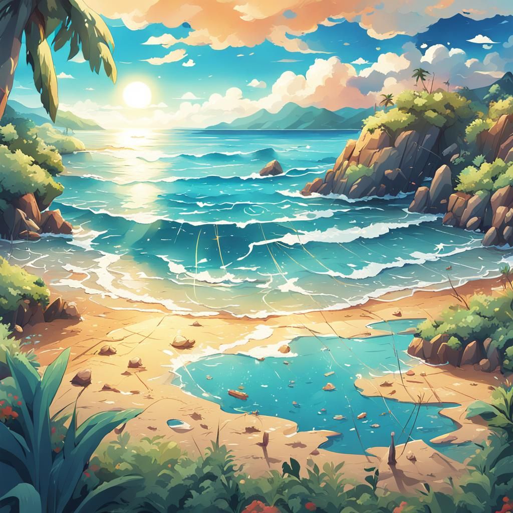 Anime Beach Puzzle in Cel-Shaded Style