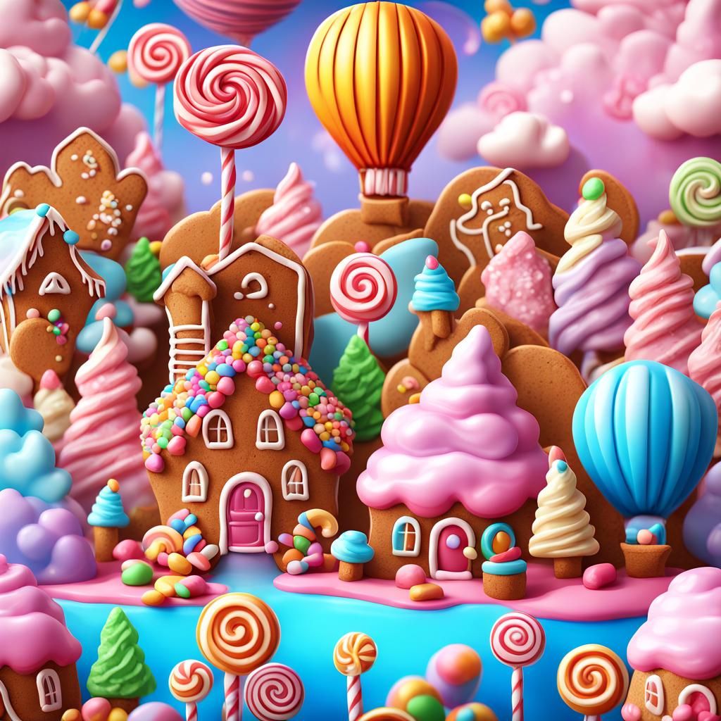 Cute Candy Wonderland with Gingerbread Family