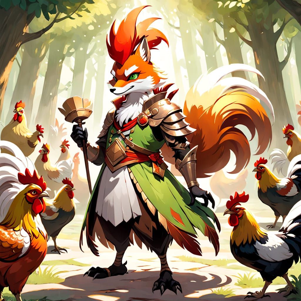 Fox in Rooster Costume with Envious Hens