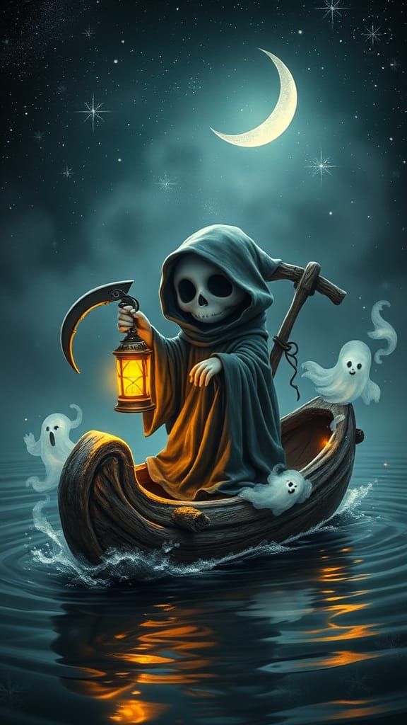 Whimsical Baby Grim Reaper on Enchanted Boat