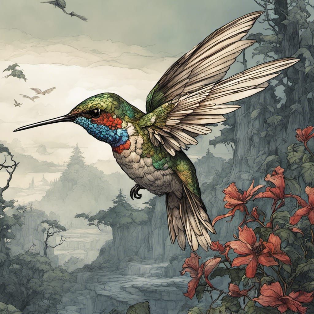 Hummingbird Pen and Ink Drawing in Art Nouveau Style