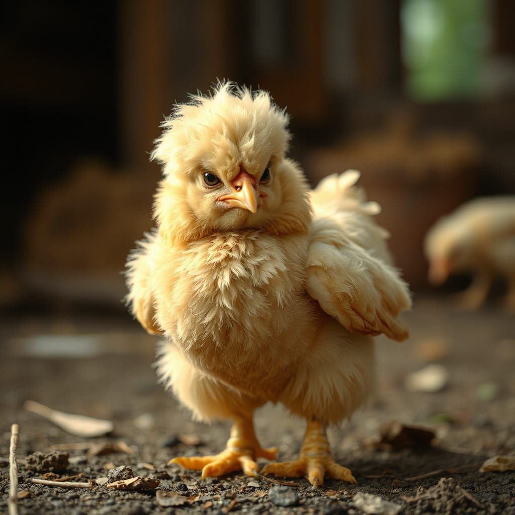 Scowling Baby Chicken in Cozy Farmyard