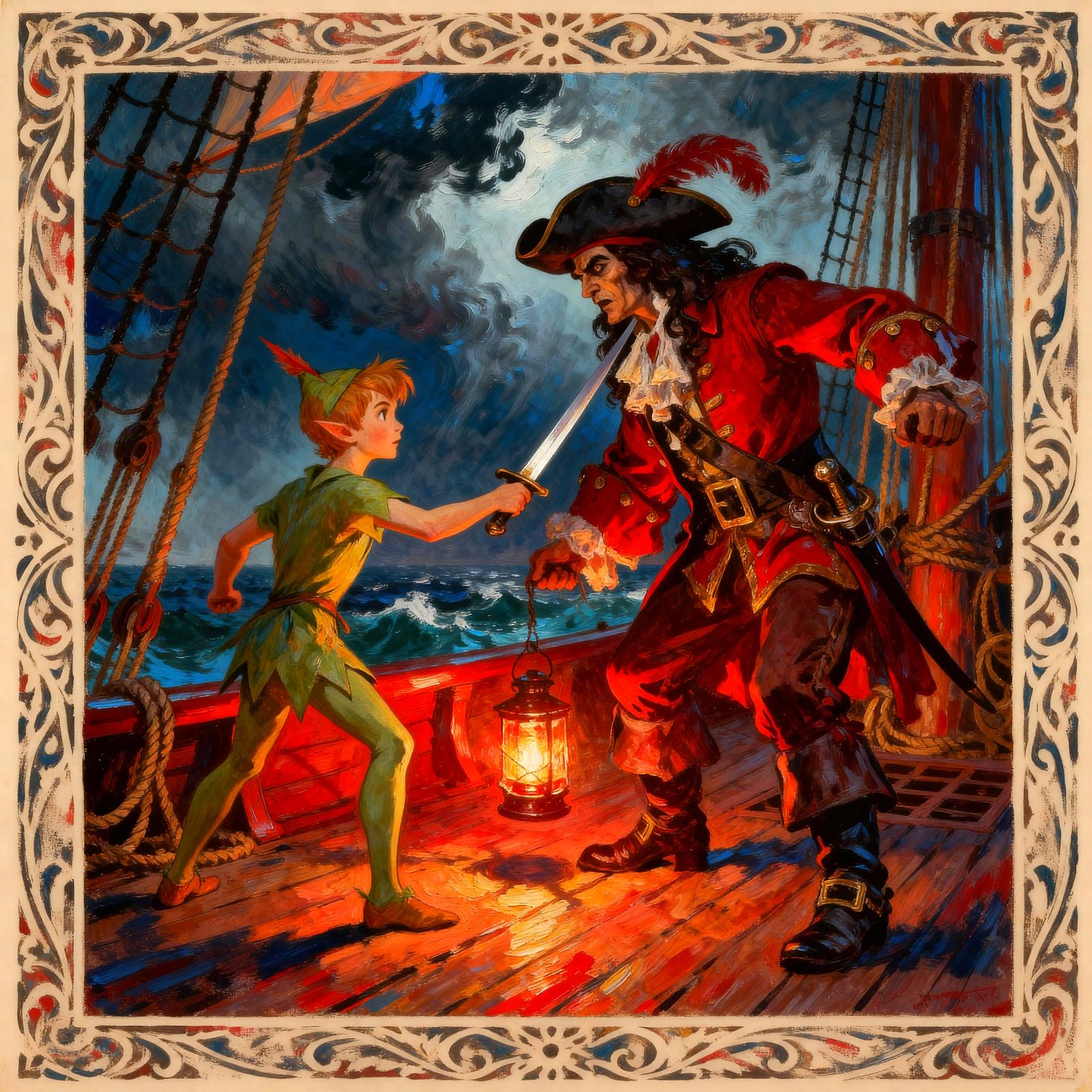 Peter Pan and Hook Duel on Jolly Roger in Stormy Skies