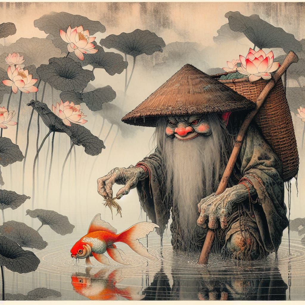 Gremlin and Goldfish in Ukiyo-e Style