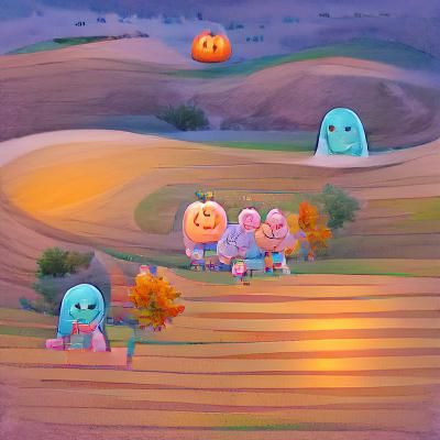 Pastel Ghosts in Pumpkin Patch, Autumn Evening