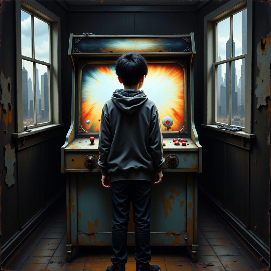 Boy Before Glowing Arcade Machine in Dark Room
