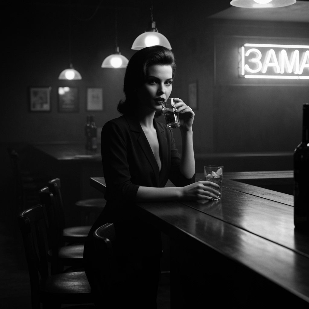Solitary Woman in Dimly Lit Bar Noir Scene