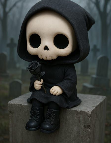Chibi Skull Doll in Graveyard with Rose