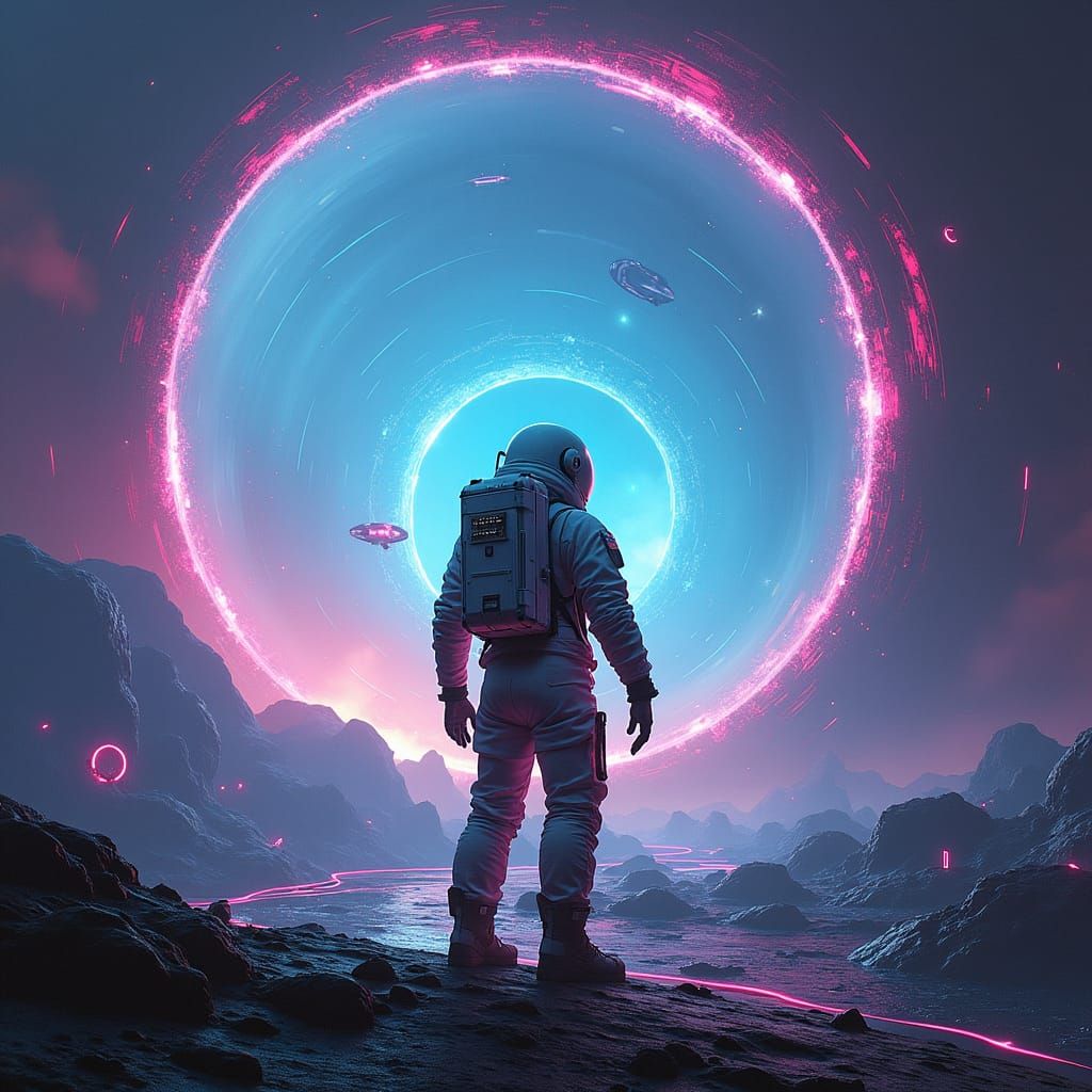 Astronaut and Neon Wormhole in Cyberpunk Solar System