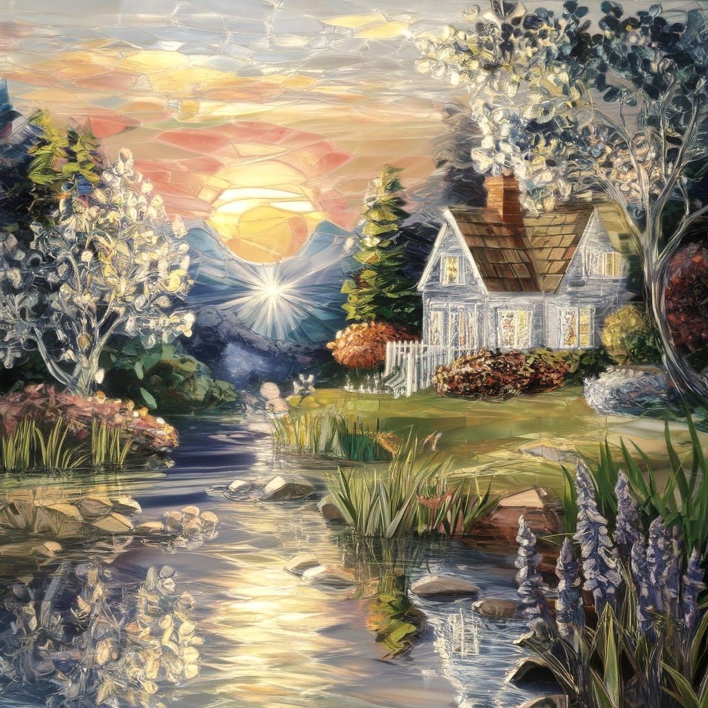 Glass Cottage Landscape in Impressionistic Style