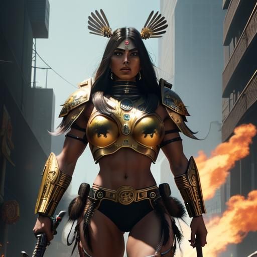 Aztec Warrior Woman with Flaming Sword in Cyberpunk Style
