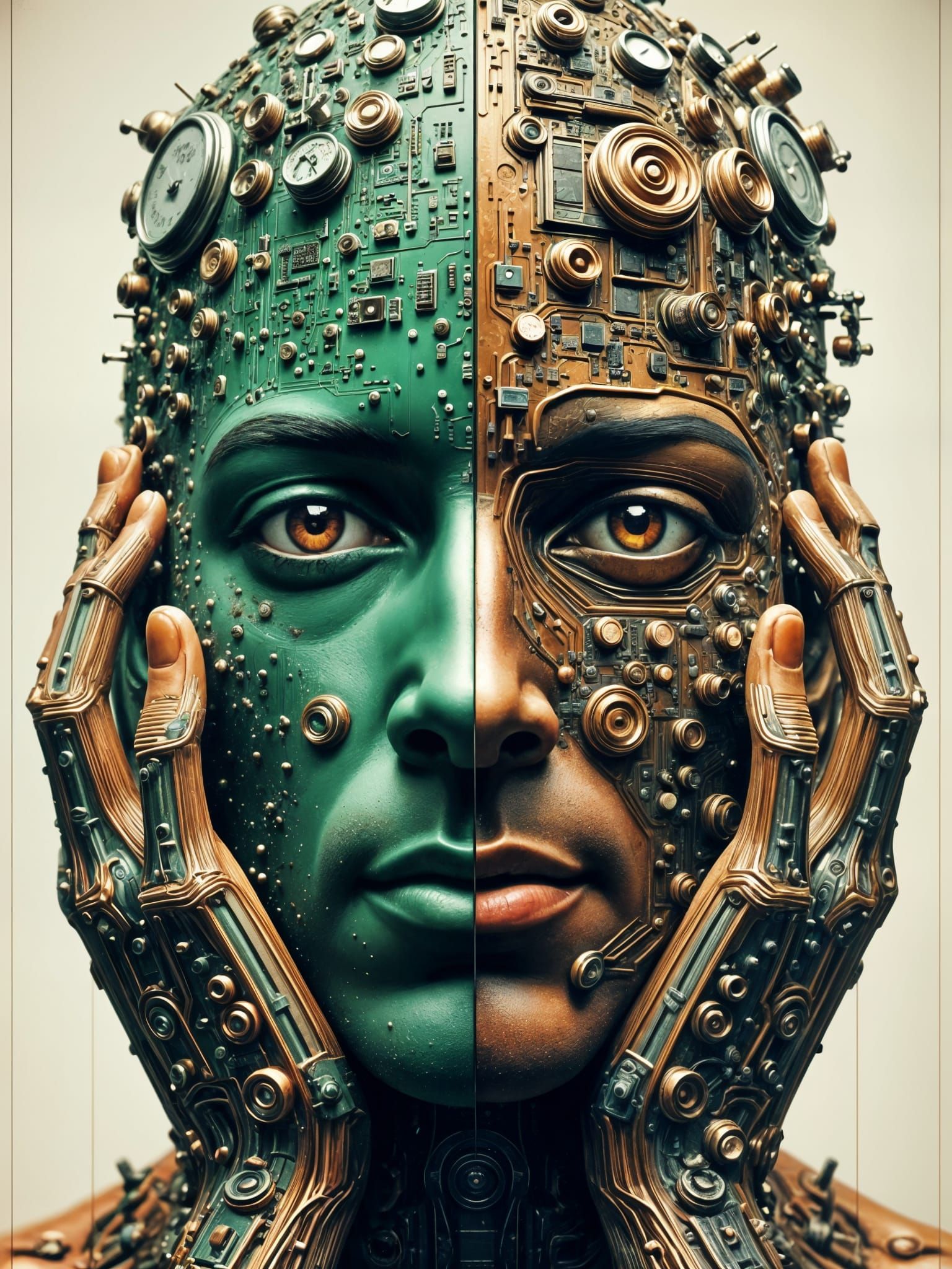 Techno-Mechanical Split Portrait in Cyberpunk Steampunk Fusi...