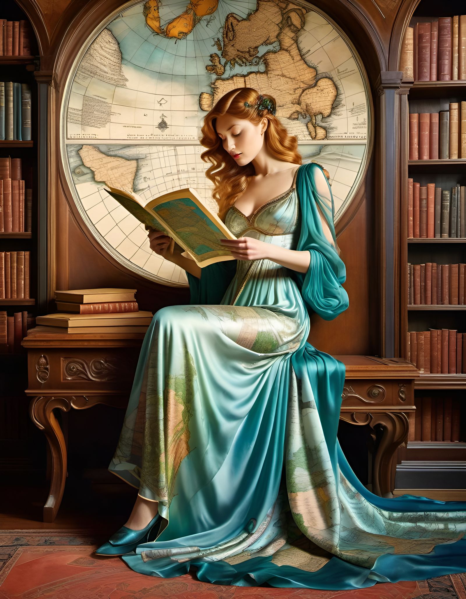 Art Nouveau Woman Reads Antique Map