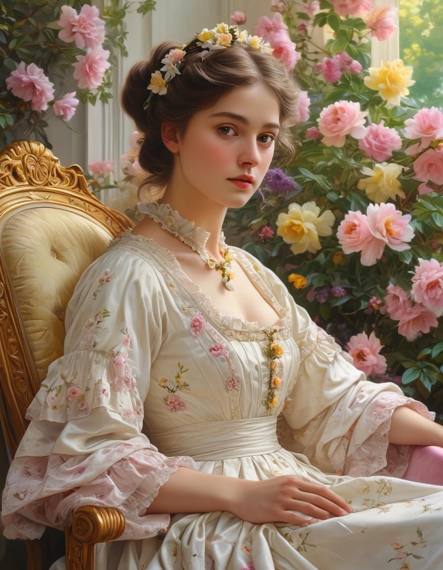 Woman in Floral Chair: Victorian Neoclassical Painting