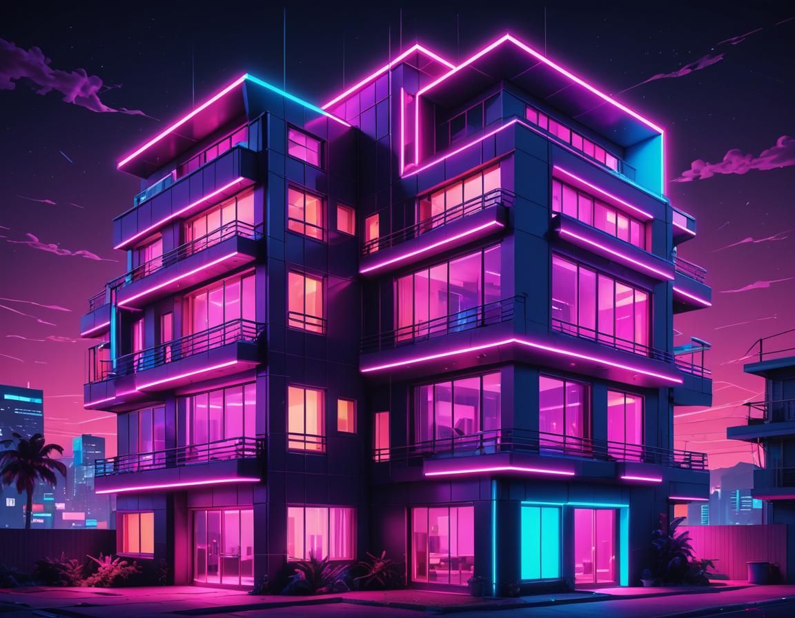 Synthwave Architecture with Neon Colors in Retro Style
